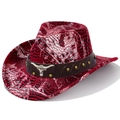 Western cowboy hat with red and silver snakeskin texture and a metal bull head stud - Heart Top / Burgundy