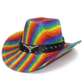 Rainbow striped cowboy hat with a black leather band and silver bull emblem decoration - One Size / Colorful