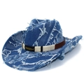 Cappello da cowboy in denim blu scuro con bordi sfrangiati e dettaglio piuma dorata - Taglia unica / Blu