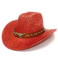 Sparkly red sequin cowboy hat with a brown leather band and metal longhorn skull detail - Red