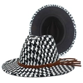 Sombrero fedora clásico con diseño de pata de gallo blanco y negro y banda de cuero - Estilo de Combinación de Colores de Pata de Gallo (款式一)
