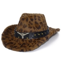Cappello da cowboy leopardato con fibbia a testa di toro argentata e texture felpata - Nero Marrone Leopardato