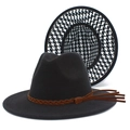 Elegante sombrero fedora negro con banda de cuero marrón y forro de pata de gallo blanco - Color Sólido Con Interior de Pata de Gallo (款式二)