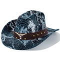 Blue crocodile pattern western cowboy hat with silver metallic finish and bull head detail - Straight Top / Green