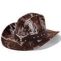 Classic Western cowboy hat featuring brown crocodile texture and silver longhorn metal buckle - Straight Top / Coffee