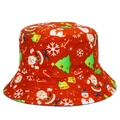 Detail view of red Christmas bucket hat with festive Santa and snowman patterns - One Size / Red Santa Snowman (10#)