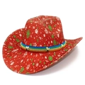 Bohemian red woven cowboy hat with colorful rainbow band and golden cross ornaments - Red