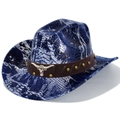 Close-up of snake skin pattern hat with leather strap and metal bull head emblem - Straight Top / Dark Blue