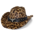 Leopard print faux fur cowboy hat with bull head emblem and black leather trim - Flat Top (FT656-1) / Brown Black Leopard