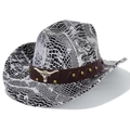 Detailed close-up of a faux leather snake skin cowboy hat with silver bull head emblem - Straight Top / Black