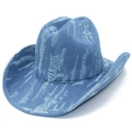 Vintage light blue distressed denim western cowboy hat with frayed holes on white background - One Size / Light Blue