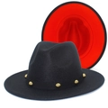 Klassieke zwarte en rode fedora hoed met brede rand en gouden klinknagel band - Zwart Rood Contrast Klinknagel Stijl