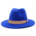 Royal blue wool fedora hat with brown ribbon band for men and women outdoors - Sapphire Blue