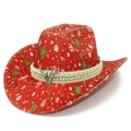 Weihnachts-Cowboyhut in Rot mit weißen Schneeflocken und silbernem Stierkopf-Emblem - Schneeflockenmuster / Rot