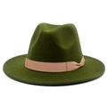 Detailed close-up of olive green fedora hat with light brown grosgrain ribbon and bow - Army Green
