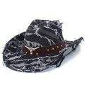 Cappello da cowboy in denim nero con bordi sfrangiati e stemma con testa di toro - Nero