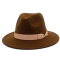 Detailed close-up of dark brown fedora hat with a premium light brown ribbed ribbon trim - Coffee
