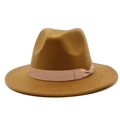 Classic caramel fedora hat with a pink ribbon and wide brim for men and women - Brown