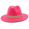 Detail of rose red fedora hat with camel ribbon bow decoration on wide brim felt - Rose Red