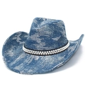 Sombrero de vaquero estilo denim con lentejuelas plateadas y banda elástica de perlas - Azul