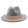 Detailed macro view of the grey wide-brim fedora hat with a brown grosgrain ribbon band - Gray