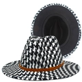 Chapeau Fedora classique à motif pied-de-poule avec bande en cuir marron et larges bords - Taille unique / Style Entièrement Pied-de-poule (Style 1)