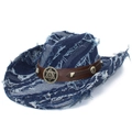 Cappello da cowboy in denim blu con bordi sfrangiati e fascia in pelle con stelle - Blu scuro