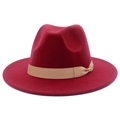 Detailed texture of burgundy fedora hat with a contrast khaki grosgrain ribbon band - Burgundy