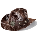 Dettaglio cappello da cowboy con motivo coccodrillo, borchie e stemma a stella - Corona Piatta / caffè