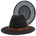 Classic black wool felt fedora with a studded leather band and houndstooth lining - Black With Pattern Lining Style