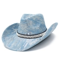 Sombrero vaquero denim azul con lentejuelas plateadas y perlas para fiestas de gala - Azul claro