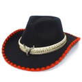 Classic black felt cowboy hat with red stitched edges and silver bull skull ornament - One Size / Black