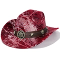 Dettaglio cappello da cowboy con motivo a coccodrillo rosso argento e fibbia a stella - Corona Piatta / Borgogna