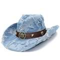 Cappello da cowboy in denim celeste vintage con bordi sfrangiati e dettaglio emblema - Azzurro