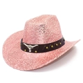 Cappello da cowboy rosa con paillettes, cinturino in pelle e decoro a testa di toro - Taglia unica / Rosa