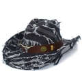 Distressed dark blue denim cowboy hat with white fringe and metal bull head leather band - Black