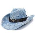 Sombrero de jazz en denim azul claro con flecos desgastados y emblema de cabeza de toro - Talla única / Azul claro