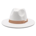 Detailed view of a white fedora hat with a light brown ribbon on a clean white background - White