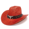 Cappello da cowboy con paillettes rosse, cinturino in pelle borchiato e testa di toro - Taglia unica / Rosso