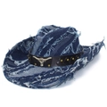 Sombrero vaquero de mezclilla vintage con bordes deshilachados, banda de cuero y cabeza de toro - Talla única / Azul oscuro