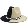 Detailed view of bicolor felt fedora hat featuring a double-row faux pearl elastic band decoration - One Size / Black and White