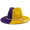 Close-up of dual-tone fedora hat with gold metal chain, pearls, and side tassels detail - One Size / Purple & Yellow