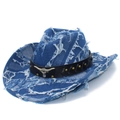 Sombrero vaquero de mezclilla desgastada con emblema de cabeza de toro y banda tachonada - Talla única / Azul