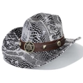 Classico cappello da cowboy western con motivo pelle di serpente bicolore e fascia borchiata - Corona Piatta / Nero