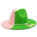 Detail of pink and green fedora featuring gold chain, pearls, and tassel accents - One Size / Pink & Green