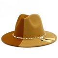 Two-tone wool fedora hat with gold pearl chain and tassel charms on white background - One Size / Brown Khaki