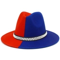 Detail of red and blue fedora hat featuring black ribbon with elegant faux pearl accents - One Size / Red and Blue