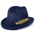 Navy blue faux fur jazz fedora with leather band and golden rhinestone feather - One Size / Dark Blue