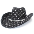 Sombrero vaquero negro desgastado con lentejuelas plateadas y bandas de perlas blancas - Negro
