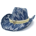 Blue denim cowboy hat with silver sequins and metallic bull skull ornament on woven band - Dark Blue